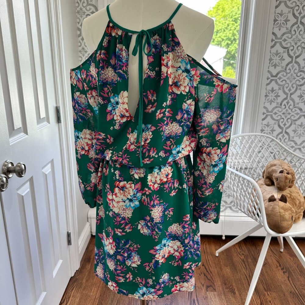 Charles Henry Cold Shoulder Floral Green Mini Dress Elastic Waist Summer Size M - Picture 7 of 11